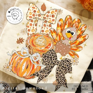 May include: Thanksgiving-themed digital art featuring a cartoon turkey, pumpkin, and pie, adorned with bows and fall foliage. The artwork includes the text "digital download" and "designed by studio."