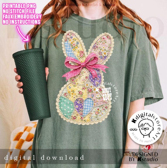 Patchwork Bunny Png, Faux Yarn Easter Bunny Png, Retro Floral Bunny With Bow Png, Shabby Chic Easter Png, Cottagecore Bunny Stitching Png