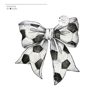 May include: A black and white watercolor illustration of a bow made from a soccer ball pattern.