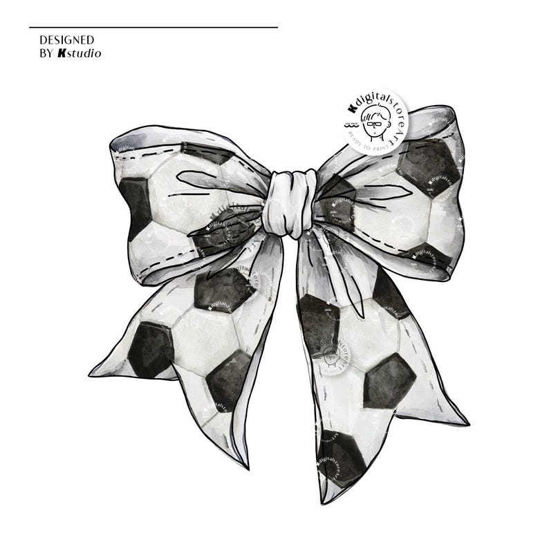 May include: A black and white watercolor illustration of a bow made from a soccer ball pattern.