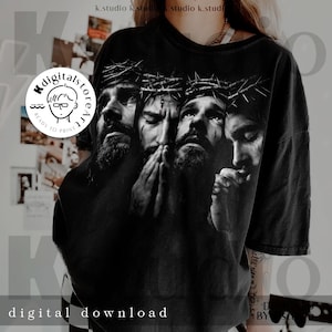 May include: Black t-shirt featuring a grayscale graphic of four faces, each wearing a crown of thorns. The faces are in various states of contemplation. The words "digital download" are printed at the bottom. The shirt is part of a digital art collection.