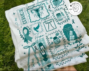 Może przedstawiać: Stos białych koszulek z turkusowymi grafikami związanymi ze świadomością raka szyjki macicy. Projekty obejmują wstążki, ilustracje medyczne oraz słowa "Cancer Awareness", "Cervical", "Hope" i "Cure". Widoczny jest również napis "Digital Download".