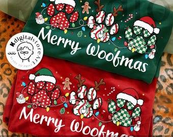 Preppy Merry Woofmas PNG, zampa di cane di Natale in formato PNG con stampa a sublimazione, design divertente per le feste degli amanti degli animali, luci di Natale di Babbo Natale in formato PNG, decorazioni natalizie per animali domestici