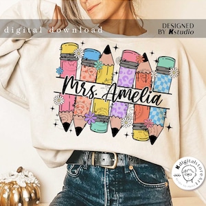 Retro Pencil Teacher Name Custom Design, Custom Name Of Teacher Png, Back To School Teacher Shirt Design, First Day School Png Sublimation