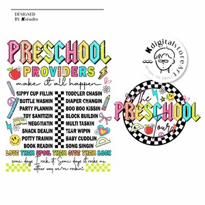 May include: A colorful graphic design with the text "PRESCHOOL PROVIDERS make it all happen" and a list of tasks preschool providers do. The design also includes a black and white checkered circle with the text "The Preschool Tour" in colorful letters.