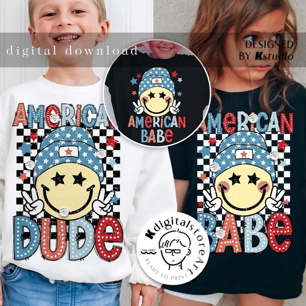 All American Dude Png, American Babe Png, 4th Of July Boy Girl Shirt Design, USA Boy Girl Kid Toddler PNG, Kid Shirt Design Download
