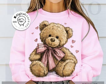 Fuzzy Teddy Bear Valentine Png, Pink Bow Heart Png, Valentine's Heart Png, Teddy Bear Png, Bear With Bow Png, Romantic Love Gift Png, XOXO