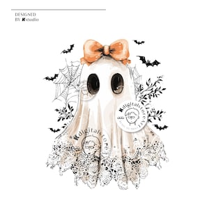 May include: A watercolor illustration of a ghost with a peach bow, large black eyes, and a lace-trimmed bottom. The design includes bats, a spiderweb, and foliage, perfect for Halloween or spooky-themed crafts.