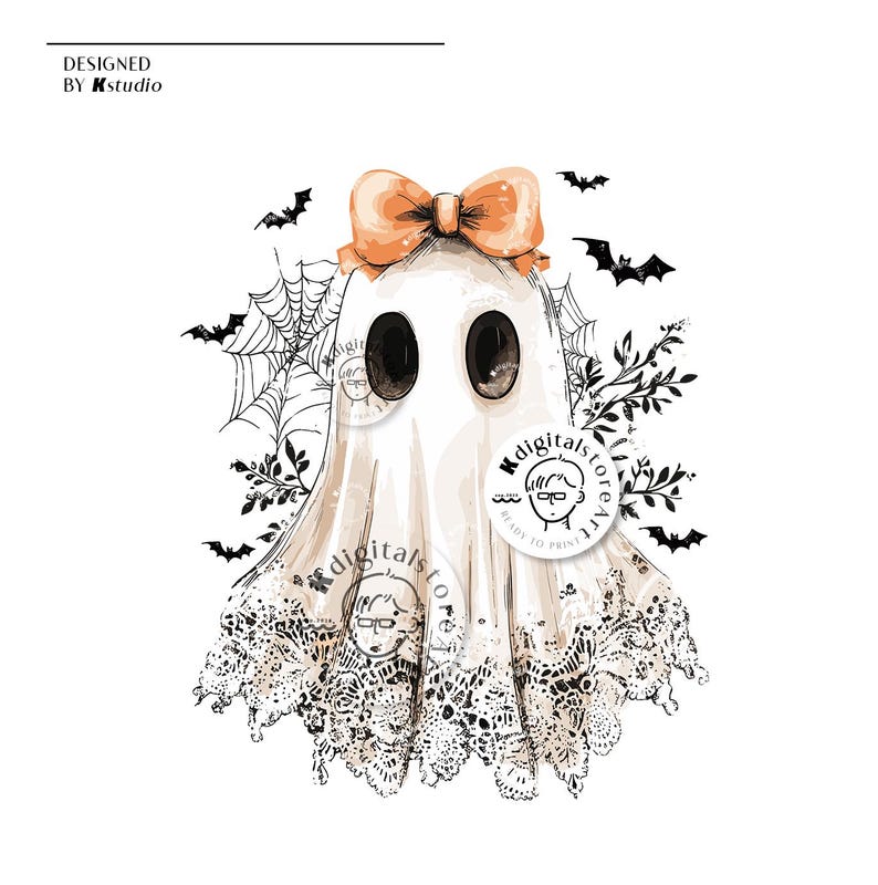 May include: A watercolor illustration of a ghost with a peach bow, large black eyes, and a lace-trimmed bottom. The design includes bats, a spiderweb, and foliage, perfect for Halloween or spooky-themed crafts.