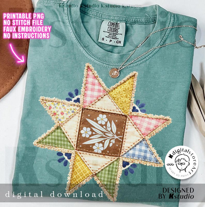 Vintage Inspired Quilted Star Png, Grandma Core Star Flower Png, 90s Inspired Quilt Png, Thrifted Decor Png, Granny Sweater Png, Trendy Png image 1