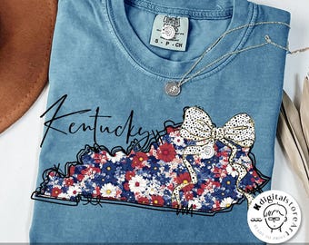 Retro Floral Kentucky Map Png, Coquette Kentucky Bow, 4th Of July Png, Kentucky Bow, American 4th July Shirt, 4th July Kentucky Sublimation