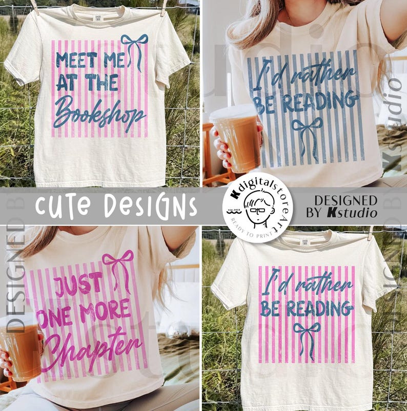 Puede incluir: Cuatro camisetas color crema con dise&ntilde;os tem&aacute;ticos de libros. Una camiseta dice "Meet Me At The Bookshop" en azul y rosa. Otra dice "I'd Rather Be Reading". La tercera dice "Just One More Chapter". Todas las camisetas tienen un fondo a rayas.