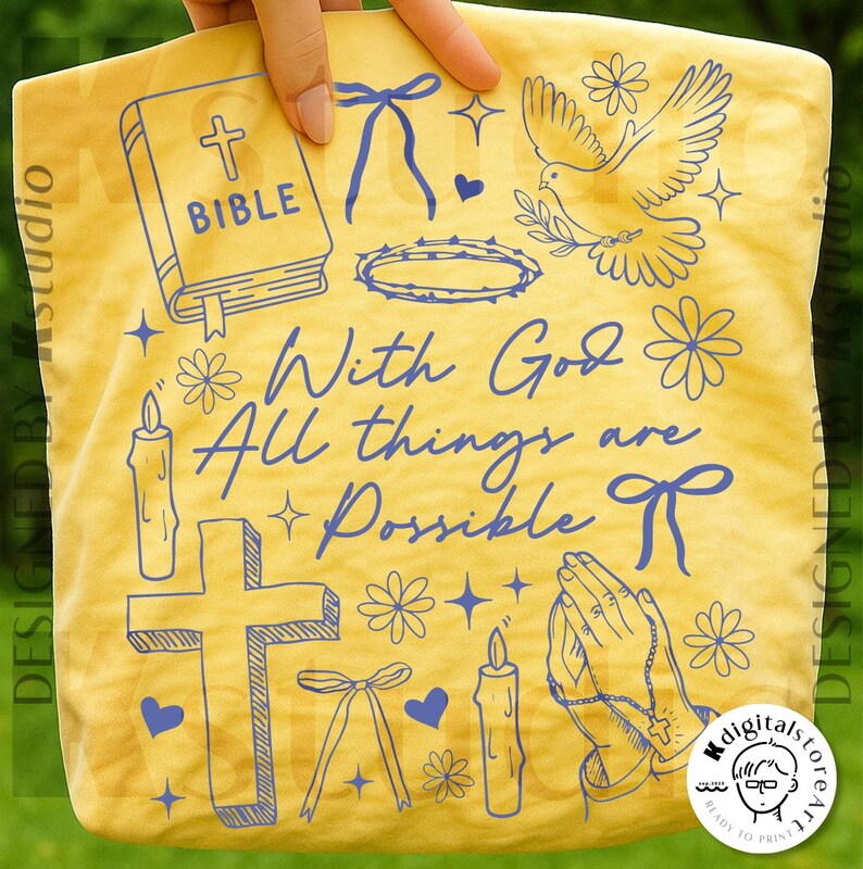May include: Yellow fabric with blue illustrations of a Bible, cross, dove, candles, flowers, bows, and praying hands. Text reads "With God All things are Possible."