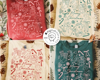 Merry Christmas PNG Bundle, Christmas Doodle Png, Minimal Holiday Doodle Design, Festive Outline Christmas Elements, Cozy Winter Shirt PNG