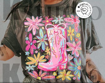 Boho Cowgirl Boots Png, Boho Western Cowgirl Design, Floral Cowboy Boot Png, Pink Cowgirl Boot With Flowers PNG, Country Girl Graphic