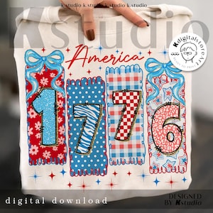 Preppy America 1776 Bow Png, 4th of July Patchwork Png, Patriotic Independence Day Png, 1776 Png, Retro America Png, Glitter Red White Blue