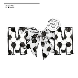 Peut inclure: Illustration aquarelle en noir et blanc du mot "MOM" avec un motif de ballon de football. Un grand n&oelig;ud noir et blanc avec un motif de ballon de football se trouve au centre du mot.