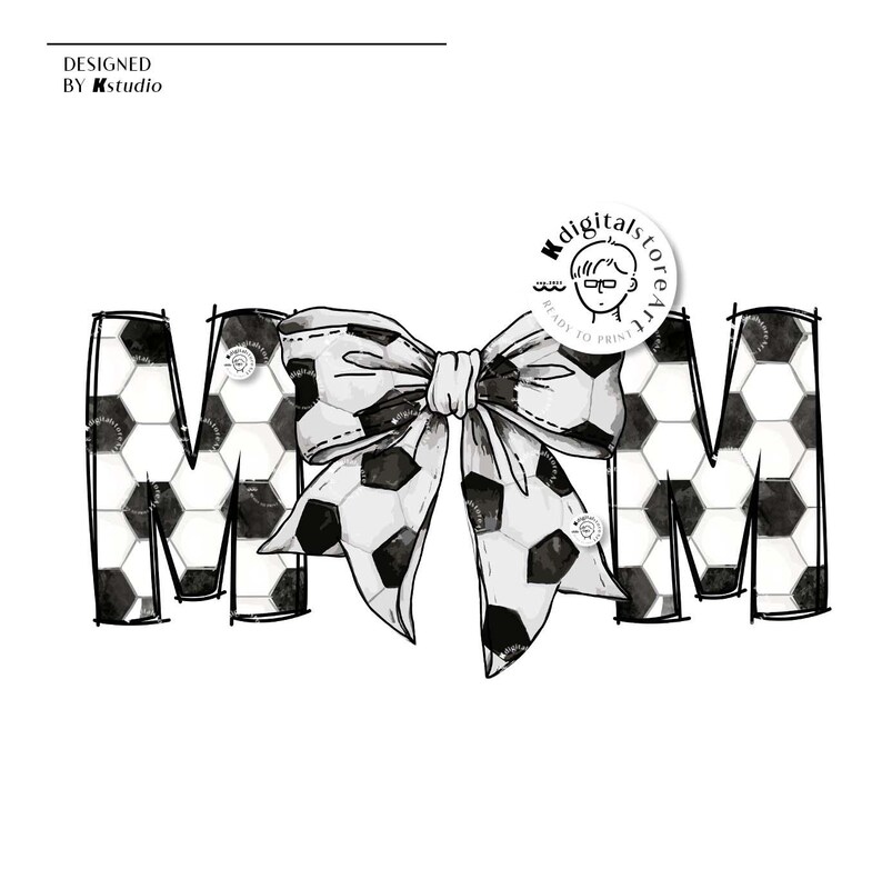 Peut inclure: Illustration aquarelle en noir et blanc du mot "MOM" avec un motif de ballon de football. Un grand n&oelig;ud noir et blanc avec un motif de ballon de football se trouve au centre du mot.