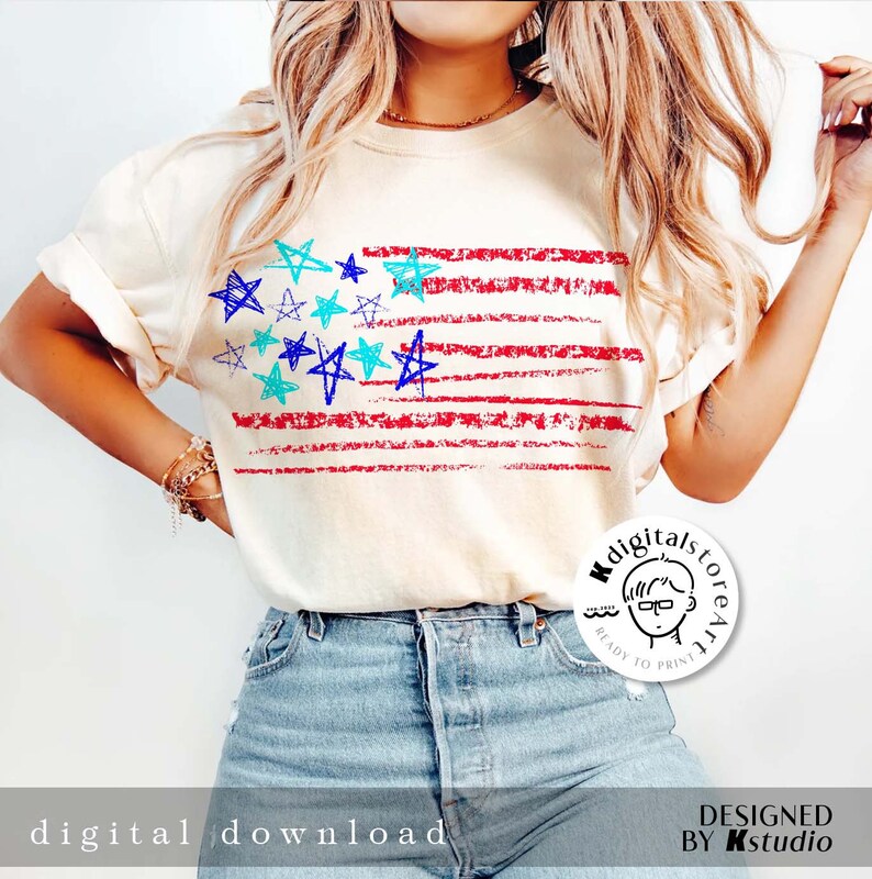 May include: A white t-shirt with a red, white, and blue American flag design. The flag is drawn in a childlike style with blue and turquoise stars. The text "Digitalstoreart" is on a white circle with a cartoon image of a person wearing glasses. The text "Ready to Print" is below the image.