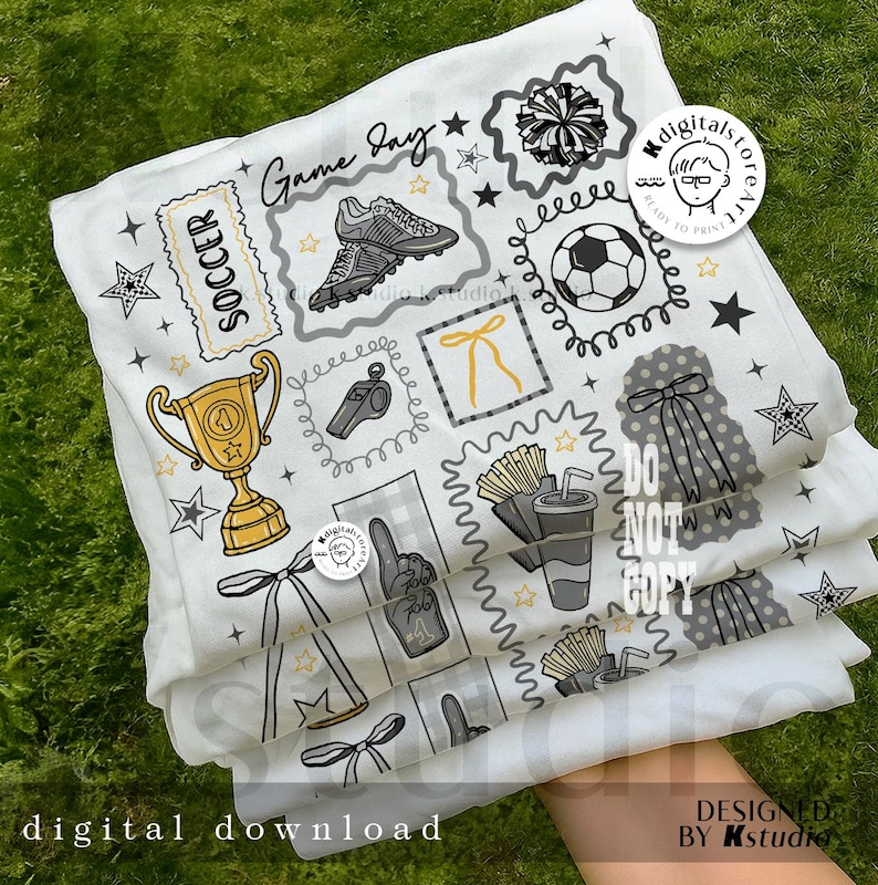 May include: White fabric featuring soccer-themed illustrations such as a trophy, football boots, a football, and the words "Game Day" and "Soccer." The design also includes stars, a whistle, and a foam finger. The text "Digital Download" is visible.