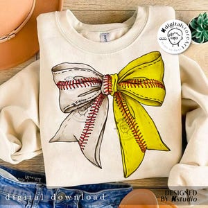 May include: A white sweatshirt with a yellow and white baseball-themed bow. The bow is made of fabric with red stitching that looks like baseball seams. The sweatshirt is a digital download.