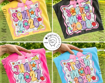 May include: Four colorful t-shirts with school-themed designs. Each shirt features a different color: yellow, gray, pink, and blue. The designs include the words "Senior 2026", "Sophomore 2028", "Junior 2027", and "Freshman 2029", along with decorative elements.