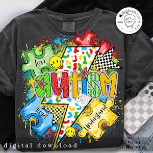 May include: A colorful graphic design featuring the word "AUTISM" in a bold, stylized font. The design incorporates puzzle pieces, a lightning bolt, and the words "Love", "Accept", and "Understand". The background is a dark gray with splashes of paint.