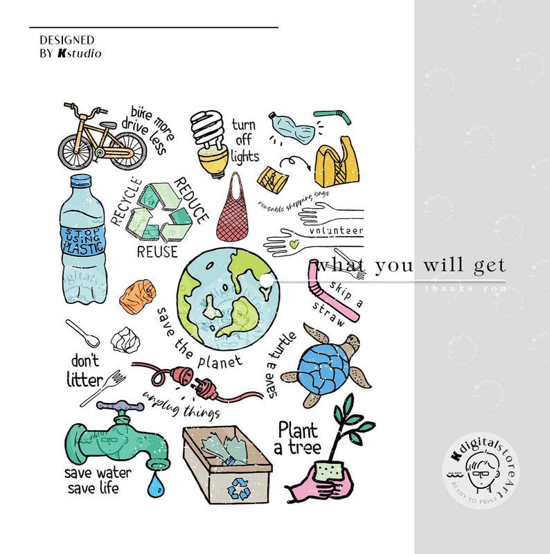 Puede incluir: Una ilustraci&oacute;n colorida con consejos sobre c&oacute;mo reducir tu impacto ambiental. La ilustraci&oacute;n incluye im&aacute;genes de una bicicleta, una bombilla, una bolsa de la compra reutilizable, una tortuga, un &aacute;rbol, un grifo de agua y un s&iacute;mbolo de reciclaje. El texto "what you will get" est&aacute; incluido en la imagen.