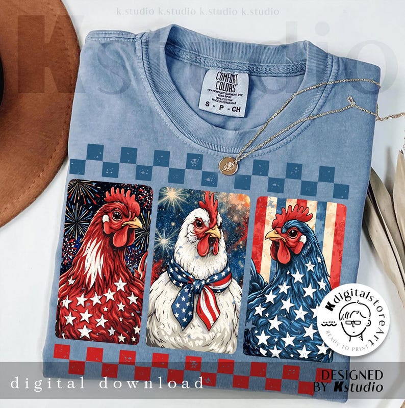 May include: A light blue Comfort Colors t-shirt featuring three rooster illustrations with patriotic themes. The roosters are red, white, and blue, with stars and stripes designs. The shirt includes the text "digital download".