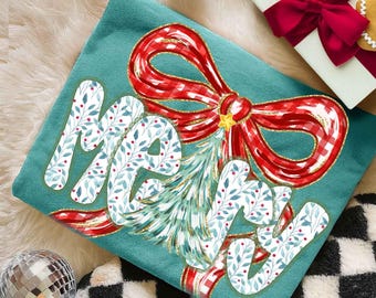 Coquette Merry Christmas Floral PNG, Preppy Plaid Bow (Digital Download)