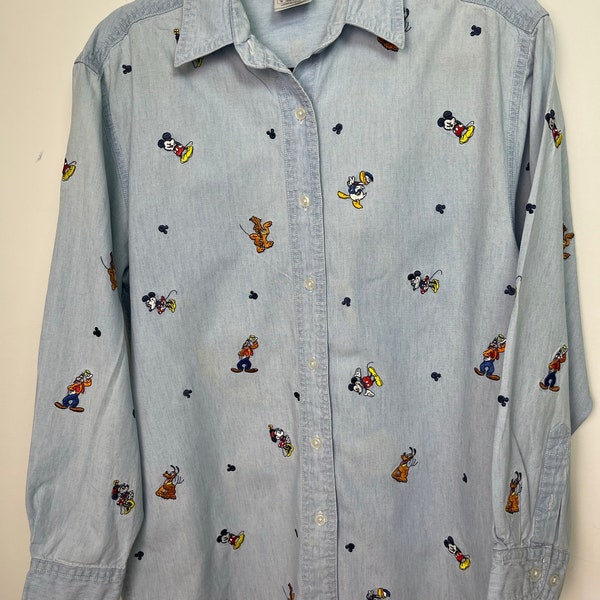 Vintage Disney Blouse | Jean Blue Button up | Mickey and Minnie | Goofy and Pluto