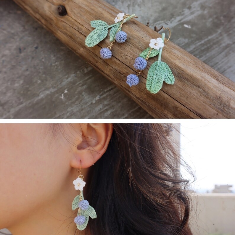 Handmade Micro Crochet Earrings, Blueberry Earring, Crochet Blueberry Earring, Blueberry Earrings, Handmade Earrings, Micro Crochet Earrings image 3