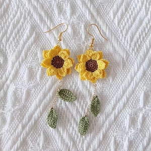 Micro Crochet Jewelry Set, Handmade Sunflower Earring, Sunflower Necklace, Sunflower Earring, Sunflower Brooch, Sunflower Bracelet, HTTXRK