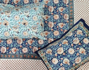 Hand Block Printed Cotton Flat Sheet with 2 Pillow cover, Pure Cotton Hand Printed Bedsheet Set, Handmade Bed Sheet,Jaipuri Print BedSheet