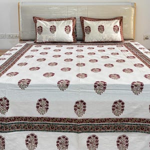 Hand Block Print Cotton Bedsheet, Jaipur Flower Print Queen Flat Sheet, Luxury Bedding With Pillow Cover, Fitted Bedsheet Set for Home Decor