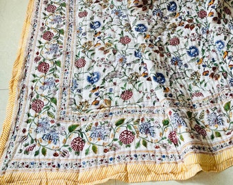 Hand Block Print Queen Quilt: Reversible Floral Cotton Jaipuri Razai
