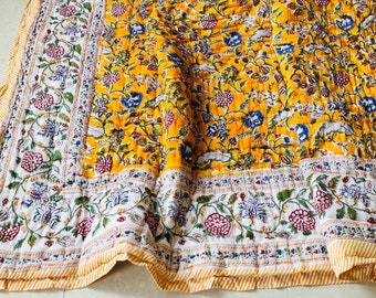 Edredón floral de algodón hecho a mano: Colcha con estampado de bloques indios