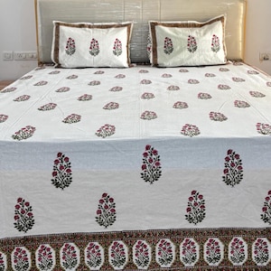 Premium Block Printed Bedsheet with Pillow Cover, Queen Size Bedspreads, Vintage Floral Bedding Set, Cotton Flat Sheet, Luxury Bedroom Decor