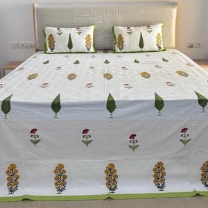 Block Printed Queen Cotton Flat Sheets, Jaipuri Floral Bedding Set With Pillowcase, Bohemian Cozy Bedspread, Sheet Set, Luxury Bedroom Decor