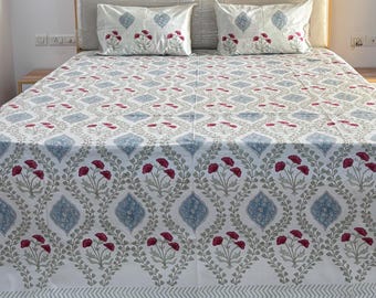 Hand Block Printed Floral Bedding Set, Jaipuri Cotton Double Bed Sheets, Bedcover Coverlet