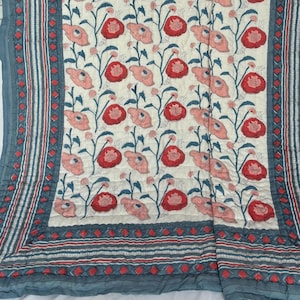 Hand Block Printed Cotton Quilt, Floral Print Quilt, Vintage Style Comforter, Soft Cozy Blanket, Lightweight Bedding, Queen Size Quilt,gifts