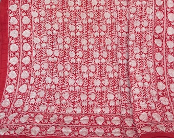 Hand Block Print Cotton Quilt: Reversible Red Floral Bedspread