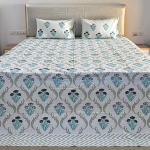 Indian Block Printed Bed Sheet With Pillowcases, Handmade Floral Bedding Set, Boho Cotton Bedspread, Unique Queen Flat Sheets, Bedroom Decor