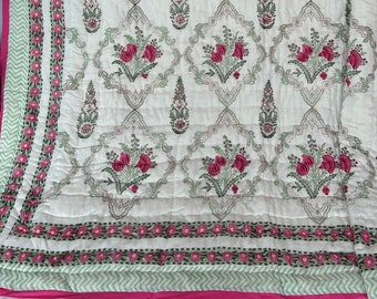 Hand Block Print Cotton Quilt, Reversible Floral Bedspread Comforter, Quilted Throw Blanket