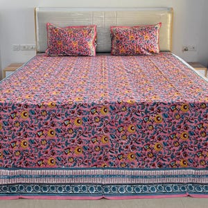 Jaipuri Block Printed Bed sheet with Pillow Cover, Queen Size Bedspreads, Unique Floral Bedding Set, Cotton Flat Sheet, Luxury Bedroom Decor