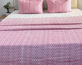Srjliving pink white quilt, queen comforter handmade quilts cotton throw double sided Indian Kantha, queen comforters Soft Kantha Quilt