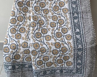 Handmade Cotton Floral Kantha Quilt, Jaipur Block Print Kantha Bedspread, Bohemian Bedding Throw Coverlet