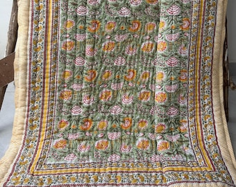 Anokhi Block Print Quilt, Reversible Cotton Jaipuri Razai, King Size Floral Bedding, Anniversary Gifts