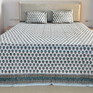 Anokhi Jaipuri Hand-Block Printed Bed Sheet with Shams, Vintage Indian Bedspread, Luxury Queen Bedding Set, Cotton Flat Sheet Bedroom Decor
