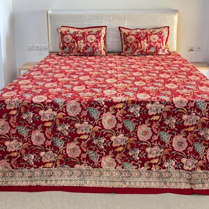 Jaipuri Block Printed Cotton Bed Sheets, Beautiful Floral Queen Bedding Set With Shams, Luxury Decorative Bedspreads, Ethnic Bedroom Decor